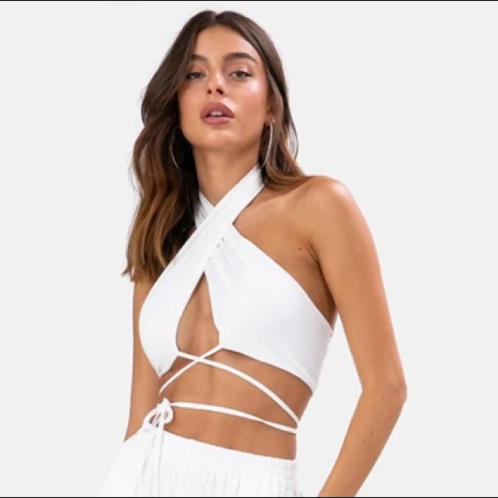 white adika cross halter crop top